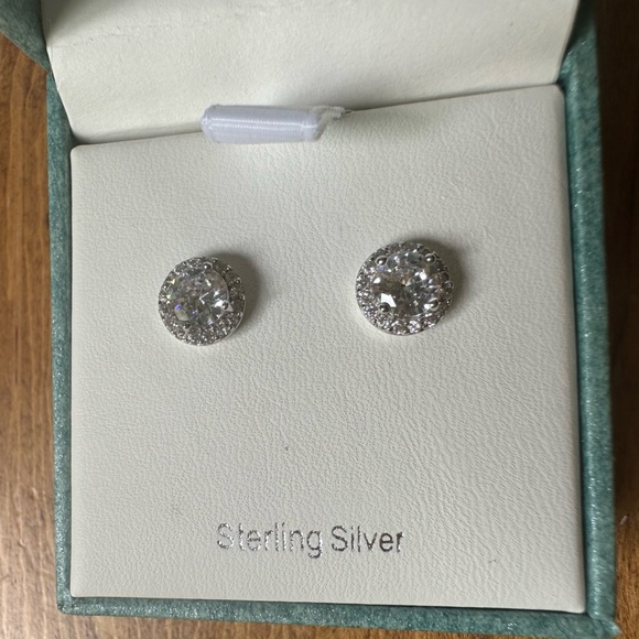 Sterling Silver Halo-Diamond Earrings - Picture 1 of 6